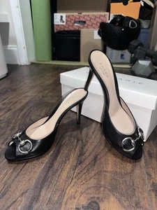 Gucci 257630 Horsebit Peep-Toe Black Leather EU 38 US 8 Italy - Picture 1 of 8