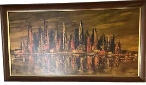 Vintage Mid Century Carter XL wall Art Cityscape Bronze Skyline 52x28 Antique - Picture 1 of 12
