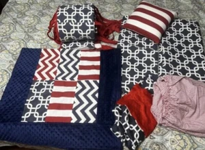 Flink Baby Crib Bedding Set Nautical Red White Blue Quilt Sheet Curtains Pillow - Picture 1 of 4