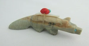 1990s Hand Carved Zuni Fetish Stone Fox w/Inlaid Turquoise Eyes MOP Arrow TQ Red - Picture 1 of 8