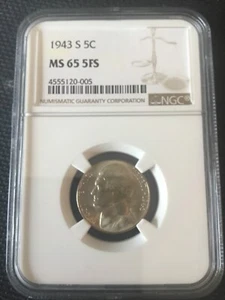 1943 s jefferson silver nickel ngc ms 65 5fs - Picture 1 of 3