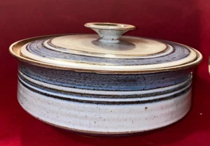 studio art pottery drip glaze bowl-dish with lid Blue Gray Black Striped signed - Picture 1 of 24