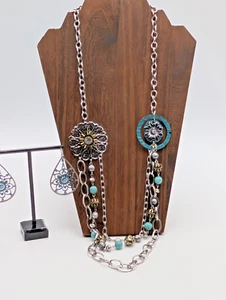 Mixed Metals Boho Style 28" 3 Strand Layered Necklace with Tear Drop Earrings - Picture 1 of 16