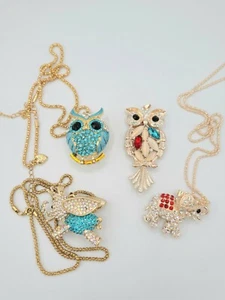 Betsey Johnson Pendant lot 2 Owl and 2 Elephant pendants with 3 chains - Picture 1 of 6