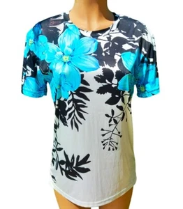 DAMEN T-SHIRT WEISS BLAUE BLUMEN KURZARM - Bild 1 von 5