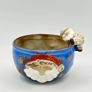 Santa Christmas Bowl Climbing Santa Pottery Blue Holiday Candy Dish 5" Whimsical - Picture 1 of 11