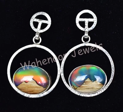 Mountain Aurora Opale Ovale 925 Argento Sterling Bello Orecchino da Donna Regalo - Immagine 1 di 4