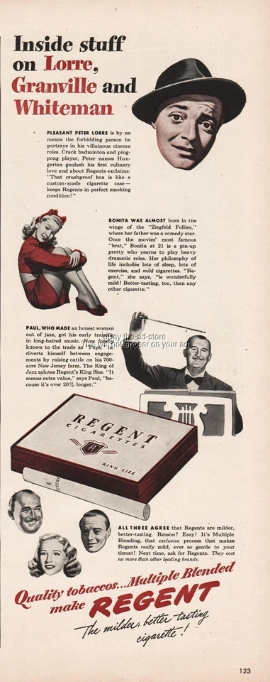 1944 Regent Cigarettes Peter Lorre Bonita Granville Ziegfeld Paul Whiteman Ad - Imagem 1 de 1