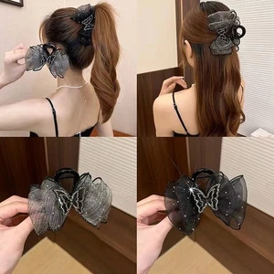 Shiny Rhinestone Butterfly Hair Clip Mesh Dot Bow Hair Claw Girls Party Headwear - Picture 1 of 13