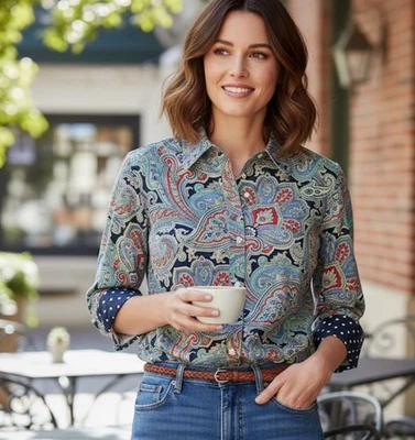 Blusa Chaps Talla S Cachemira Abotonada Sin Hierro Multicolor Carrera Clásica Elegante Foto 1 de 4