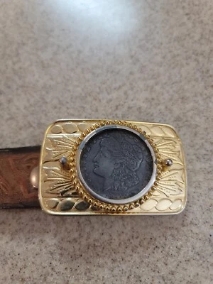 1921 Morgan Silver Dollar Gold Colored Belt Buckle with Belt. Made in USA  - Image 1 of 4