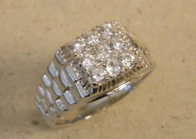 Men Presidential Link Pattern Rhodium Plated Square Top Ring 9 Clear CZ Size 11 - Image 1 of 4