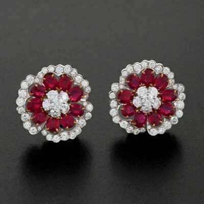 Pretty Flower Stud With Pink Rubies & White Simulated Sapphires Silver Earrings - Image 1 of 4
