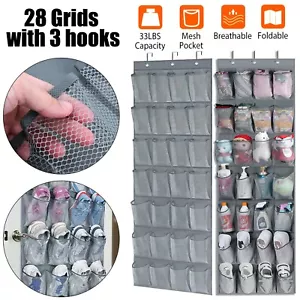 28 Pocket Over Door Hanging Shoe Organizer Mesh Storage Holder Bag w/ Hooks Gray - Picture 1 of 9