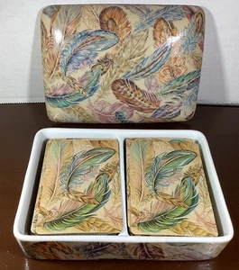 VTG Porcelain Feather Double Playing Card Box Holder By Neiman Marcus Exclusive - Picture 1 of 24