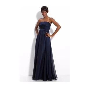 Monique Lhuillier Navy Chiffon Strapless Bridesmaid Dress Tiered Fringe Size 4 - Picture 1 of 7
