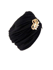Cappello turbante vintage con clip abito nero plissettato elasticizzato cappello art deco alla moda - Foto 1 di 10