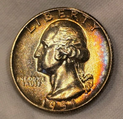 1951-P Washington Silver Quarter, GEM BU, 💎  Rainbow Toning & Color - Image 1 of 4