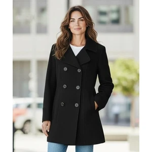Abrigo de Colección Anne Klein Mujer Guisante PL Negro Lana Doble Pecho Clásico Preppy - Imagen 1 de 13