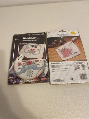 VTG WonderArt Dresser Scarf Napkin Fabric For ArtCraft Kit Floral 1344,9070 Lot2 - Image 1 of 4