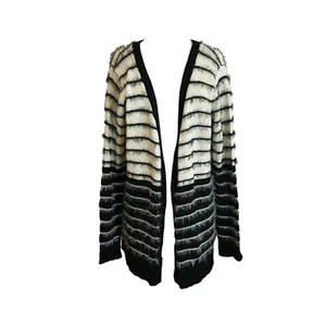 Questions Womens Cardigan Sweater Medium Black White Stripe Open Front Eyelash - Picture 1 of 8