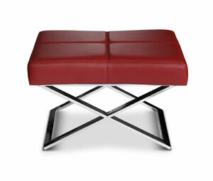 Leather footstool ottoman with polished steel legs. Real leather bordeaux red.