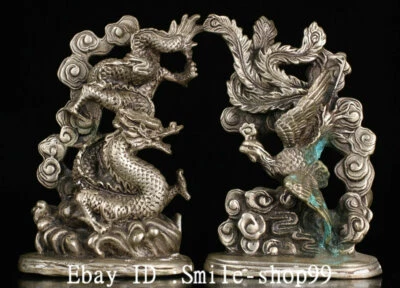Par de estatua de pájaro fénix bestia dragón dinastía plata cobre antigua de China de 4,9" Foto 1 de 4