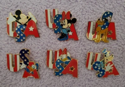Disney USA Patriotic Cast Lanyard Pin Set Mickey Minnie Pluto Donald Daisy Goofy - Image 1 of 4