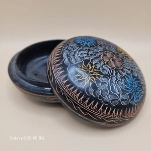 Lacquer Russian Trinket Box Hand Painted Flowers Blue Yellow Pink 4" - Vintage - Picture 1 of 7