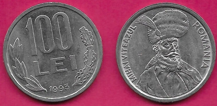 ROMANIA 100 LEI 1993 CURVED 9,MIHAI VITEAZUL BUST WITH HEADDRESS 1/4 RIGHT,VALUE - Image 1 of 1