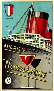 Original vintage print APERITIF NORMANDIE STEAMER c.1935 Label - Picture 1 of 1