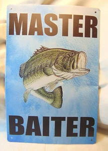 New Master Baiter Tin Poster Sign Bar Garage Bass Art Fishing Man Cave Dented - Picture 1 of 4