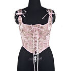 Abdomen Corset Over Bust Bustiers Vintage Lace Up Boned Pink Tight-Fitting Tops