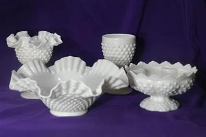 4 PC FENTON RUFFELED HOBNAIL MILK WHITE GLASS Candle BOWL Bowl Goblet Compote - Picture 1 of 8