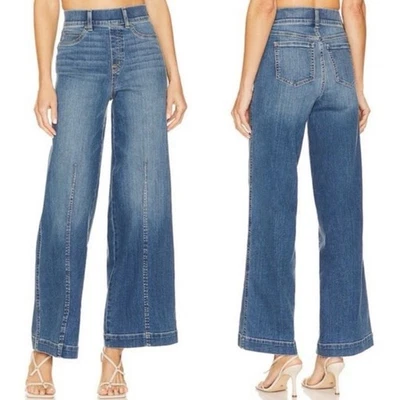 Pantalones de mezclilla Spanx cosidos delanteros pierna ancha pequeños azul índigo elásticos Foto 1 de 4