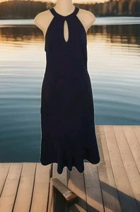 NWT $129 BEBE Womens Size 12 Navy Blue Keyhole Cocktail Dress Trumpet Flare Hem - Picture 1 of 10
