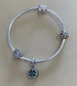 Pandora Sterling Silver Heart Bangle With Charms - Picture 1 of 7