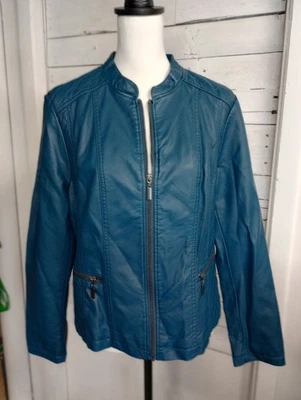 Alfani Jacket Women Size Large Turquoise Blue Faux Leather Moto Biker Motorcycle - Image 1 of 4