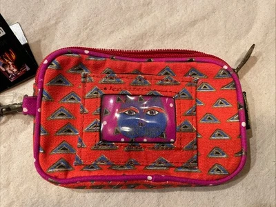 Muñequera Laurel Burch roja magenta felina cremallera bolsillo de identificación transparente 100 % algodón  Foto 1 de 4