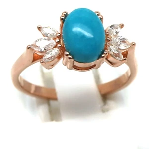 925 Silver 6 x 8 mm. Blue Turquoise & White Cubic Zirconia Ring Size 6 - Picture 1 of 4