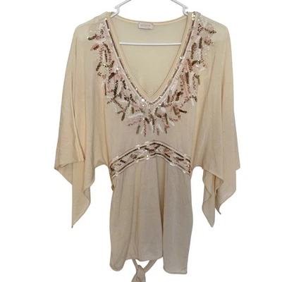 Valentino Roma Embellished V Neck Kaftan Top Beige Sequins Butterfly Sleeve - image 1 of 4