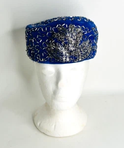 Women's Blue Beaded Pillbox Hat Velvet T.A. Chapman Milwaukee Size Small Vintage - Picture 1 of 11