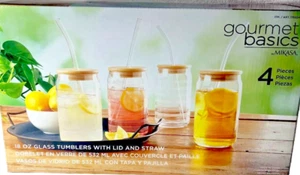 Gourmet Basics Mikasa 18oz Glas Becher mit Bambusdeckel Tritan Strohhalm 4 Stück - Bild 1 von 2