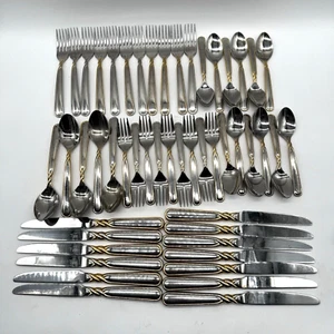 Mikasa PIROUETTE Gold Accent Glossy 18/8 Stainless Japan Flatware 50 pc Set READ - Picture 1 of 16