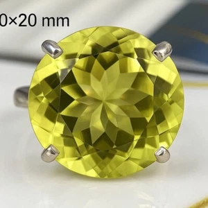 Natural Large Lemon Quartz Ring Solid Silver 20X20MM Round Cut Women’s Ring - Picture 1 of 4