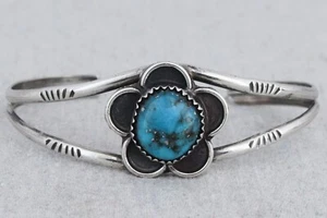 1960 1970s Native American Navajo Sterling Silver Turquoise Flower Cuff Bracelet - Picture 1 of 7
