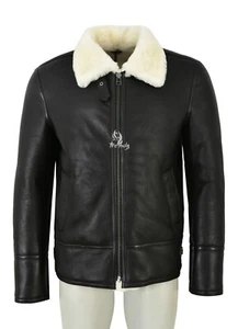 Mens Sheepskin Fur Jacket Black Ivory Fur 100% Real Shearling Fur Aviator Pilot - Picture 1 of 6