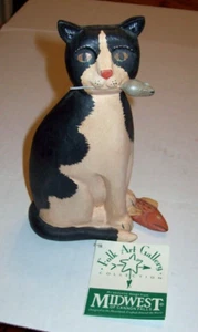 Statuina gatto arte popolare vintage con topo e pesce intagliato a mano firmata R. Tate 6,25" NOS - Foto 1 di 6