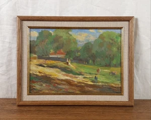 Prado de verano con figuras y vacas, paisaje impresionista ucraniano vintage - Imagen 1 de 9