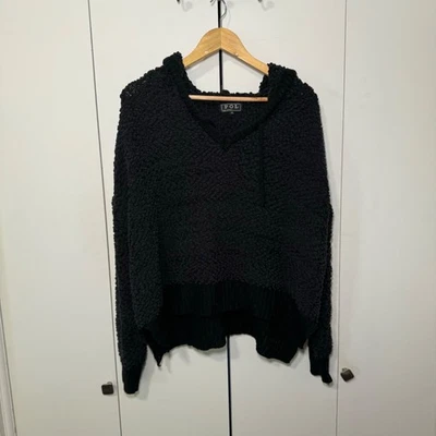 POL Women's Black Fuzzy Popcorn Chunky Knit V-Neck Pullover Hoodie Sweater MD - Image 1 of 4